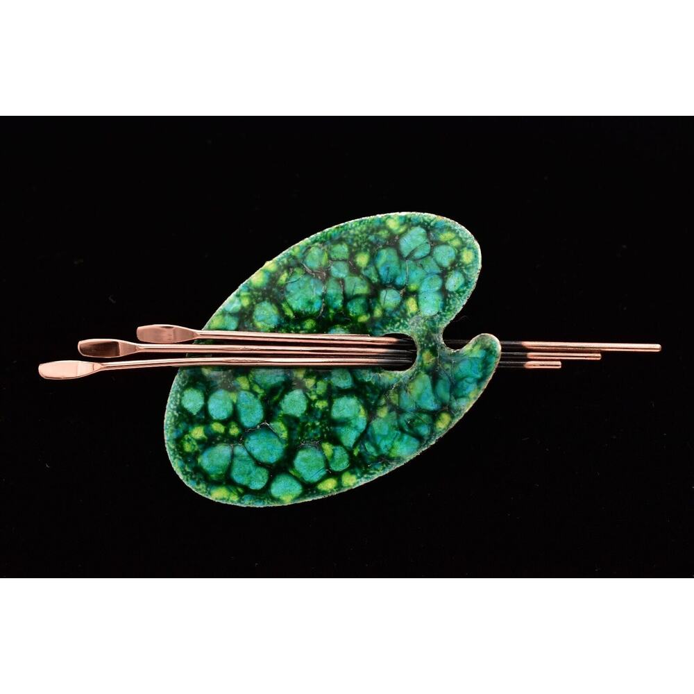 Matisse Renoir Palette Brooch Pin Copper Green Enamel Vintage Signed 1950s BinBG